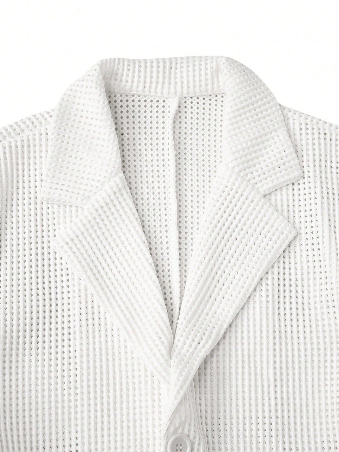 Men's lightweight mesh knit blazer showing lapel and front fastening