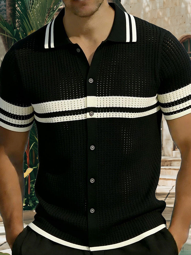 Men's Open Knit Stripe Polo Shirt Cream