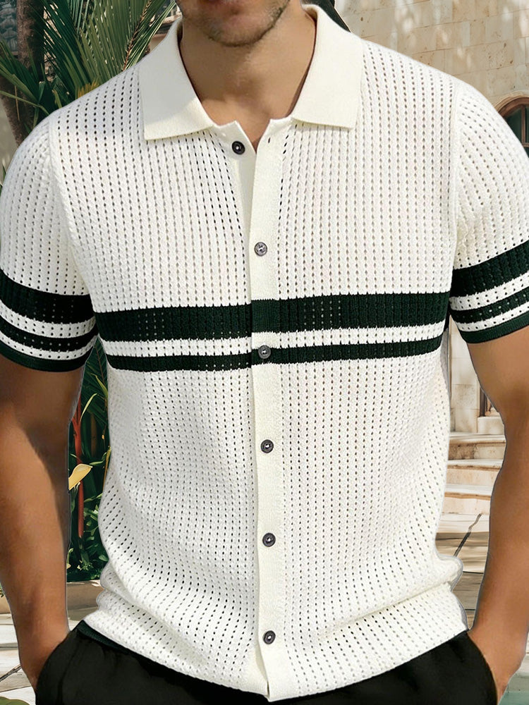 Back view of men's cream open-knit stripe polo shirt with short sleeves