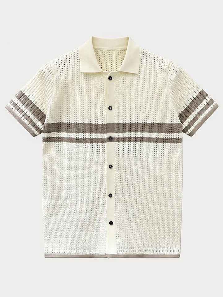 Side view of men's cream open-knit polo shirt with striped pattern and relaxed fit