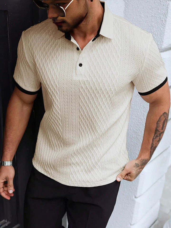 Men's white jacquard knit polo shirt with contrast trim front view