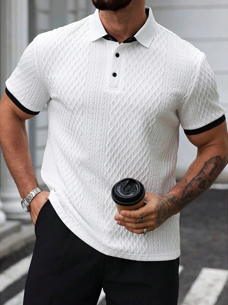 Side view of men's white jacquard knit polo shirt with short sleeves
