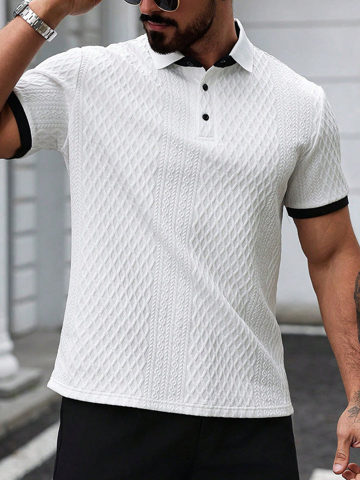 Men's white polo shirt styled for a smart casual summer look