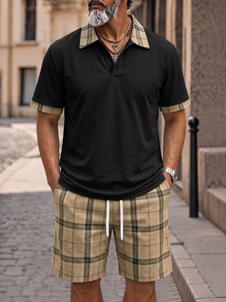 Men's Polo And Shorts Set Plaid Contrast Casual