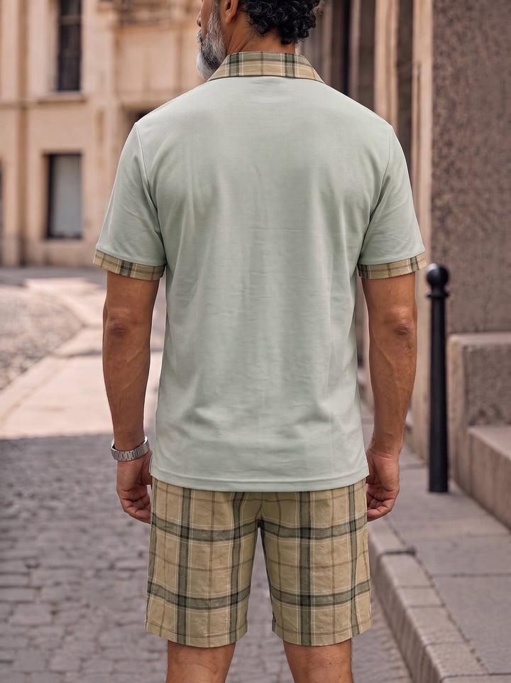 Close-up of plaid contrast detailing on the men's polo and shorts set