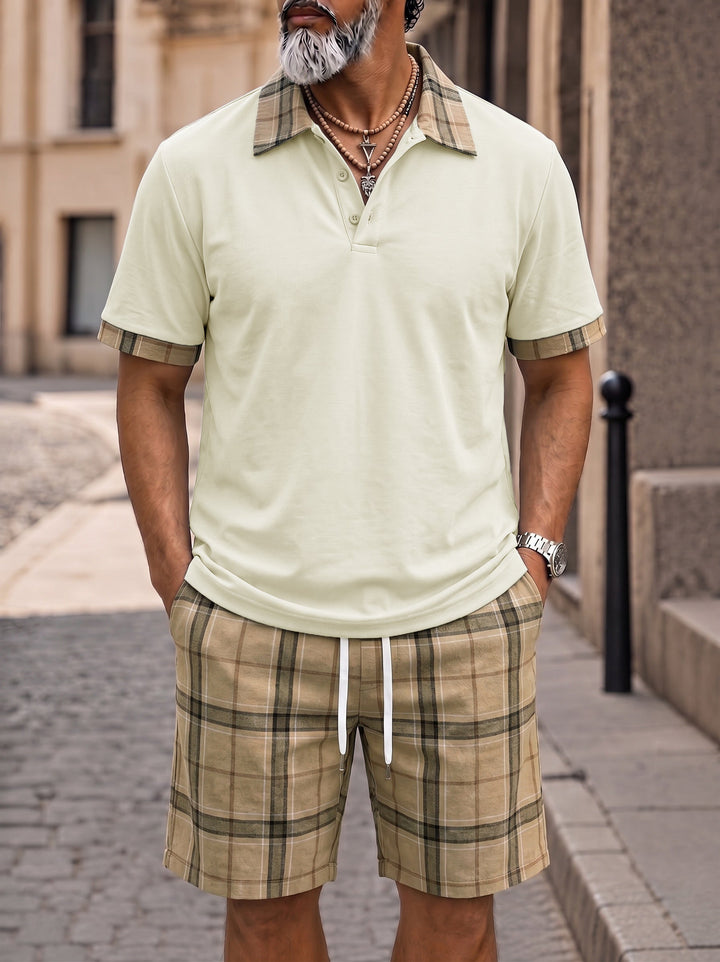 Men's Polo And Shorts Set Plaid Contrast Casual