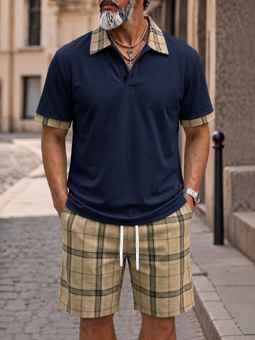 Front view of men's casual polo and shorts co-ord with plaid contrast