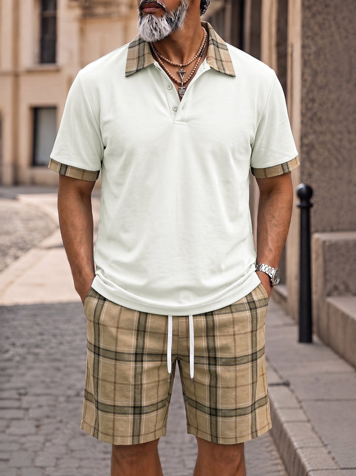 Men's short sleeve polo top with contrast plaid collar detail