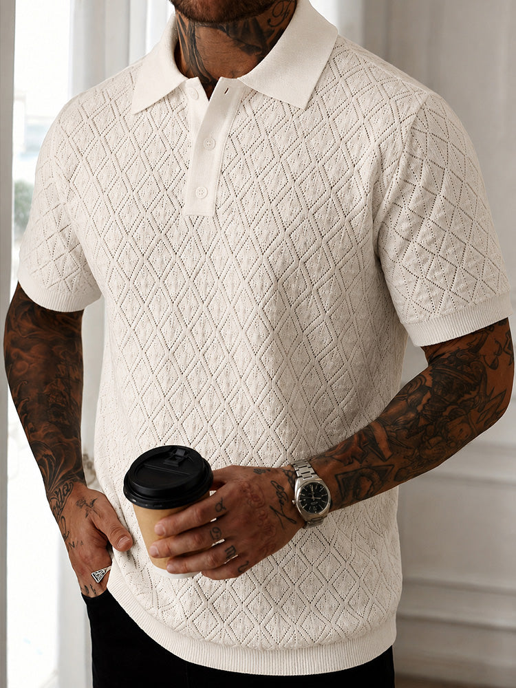 Side view of men's lightweight pointelle knit polo shirt