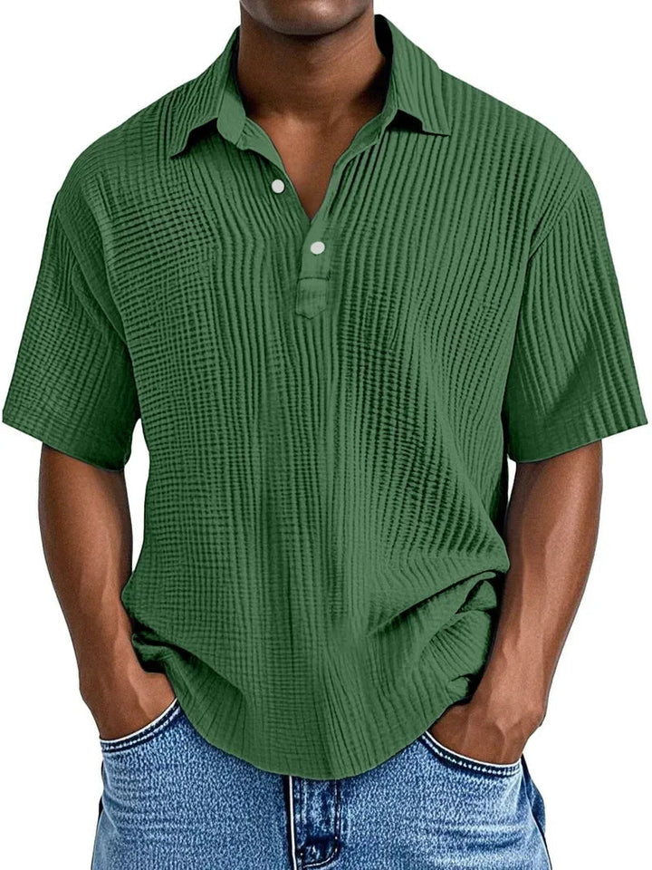 Men's textured summer shirt collar and neckline close-up