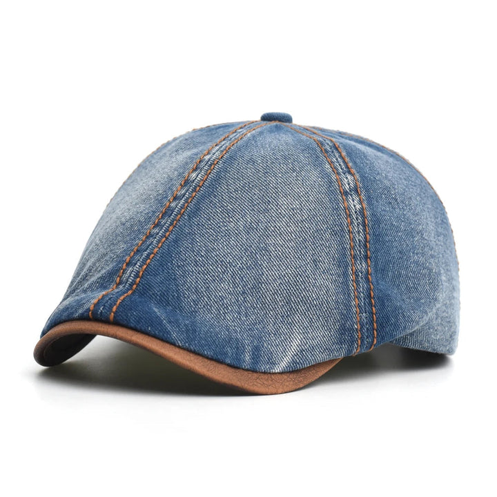 Men's denim flat cap with vintage styling shown from above