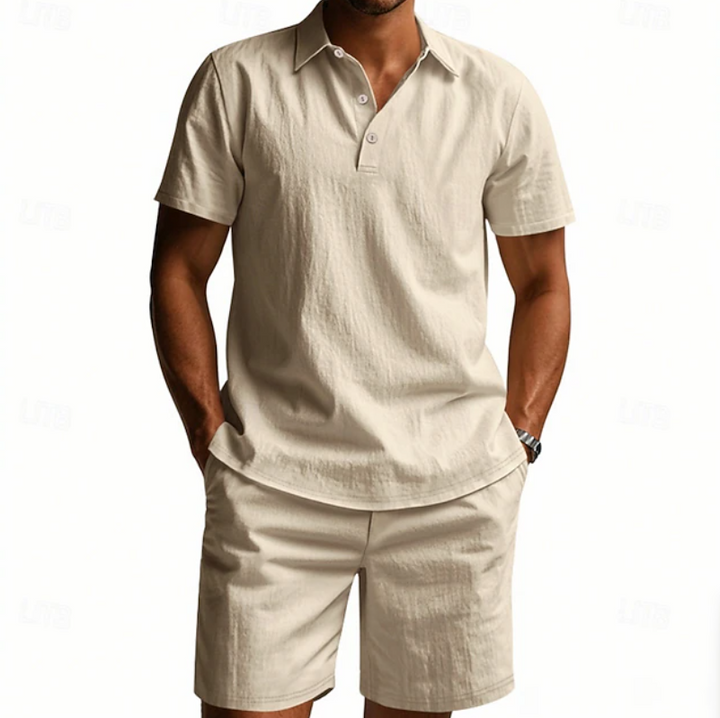 Men's breathable polo and shorts set displayed as a lightweight holiday outfit