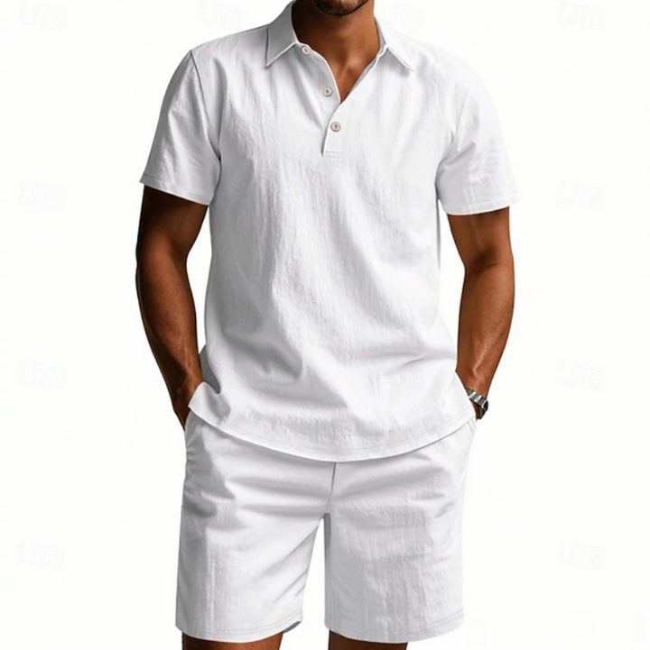 Close-up of breathable fabric on the men's polo and shorts set