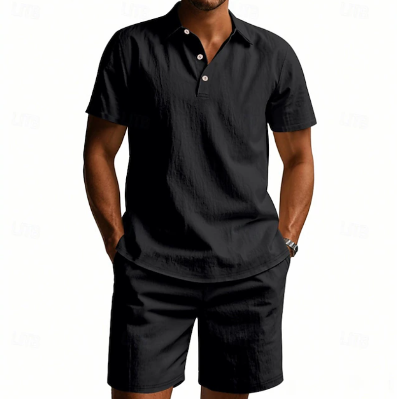 Men's polo and shorts set styled for a smart-casual summer look