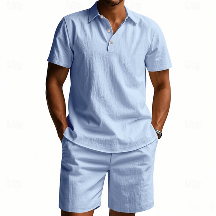 Men's breathable polo and shorts set shown as a coordinated summer outfit