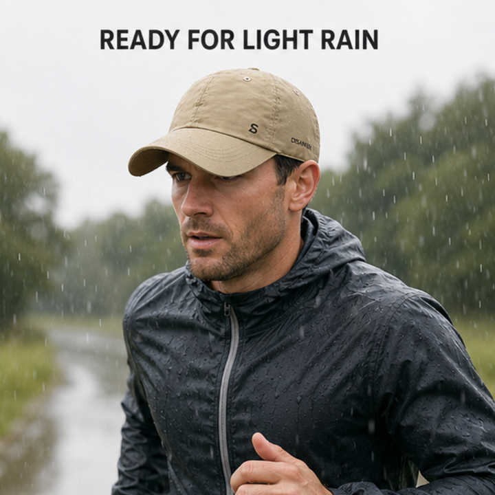 Close-up of curved brim on men's waterproof running cap