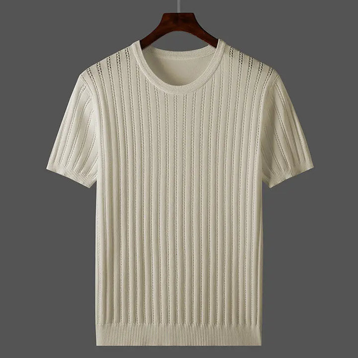 Men's knit T-shirt styled on a model for a smart-casual look