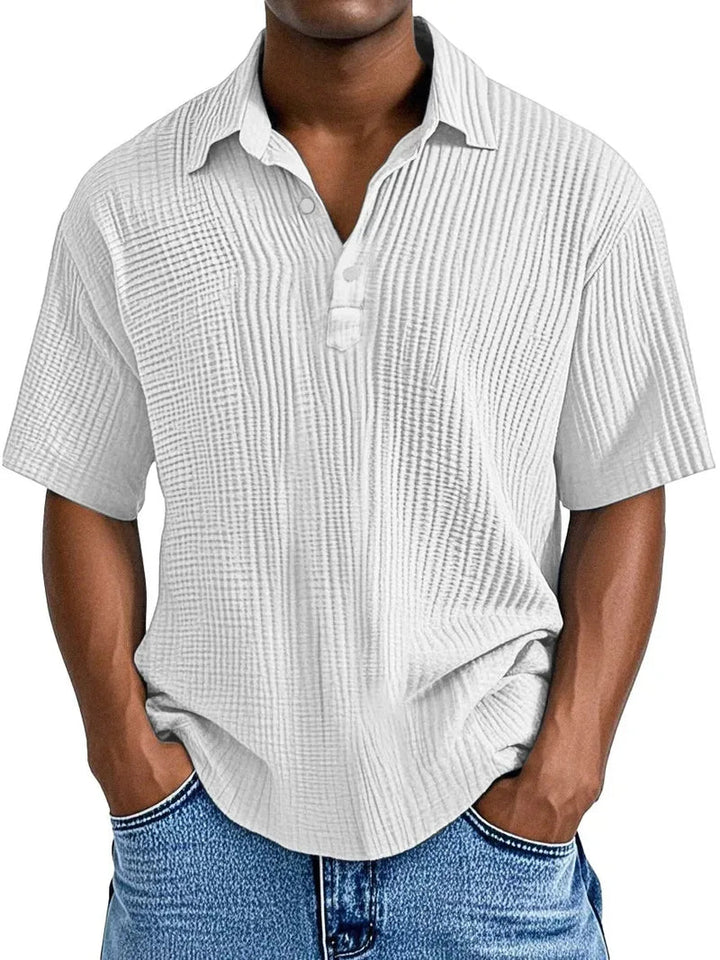 Men's textured short sleeve shirt styled for a casual summer look