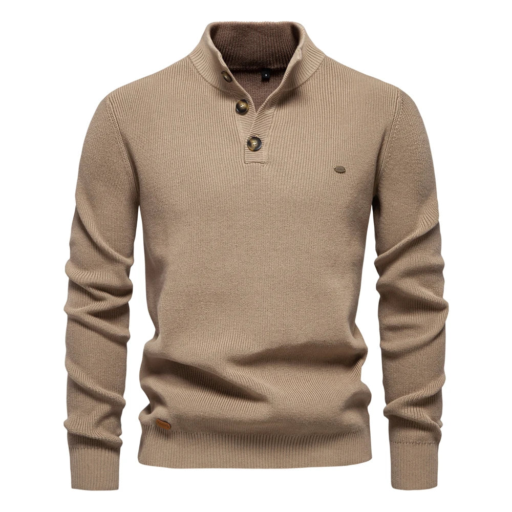 Close-up of the button front on a men's ribbed jumper