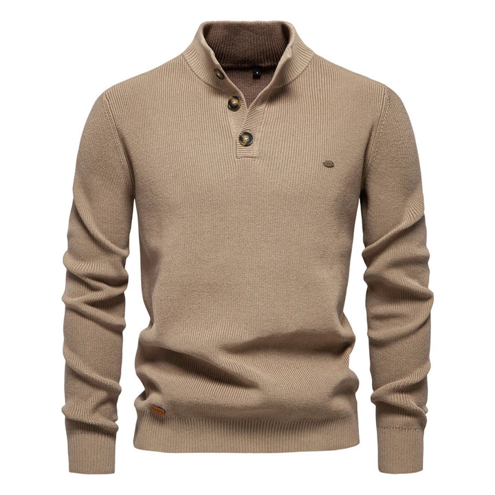 Close-up of the button front on a men's ribbed jumper