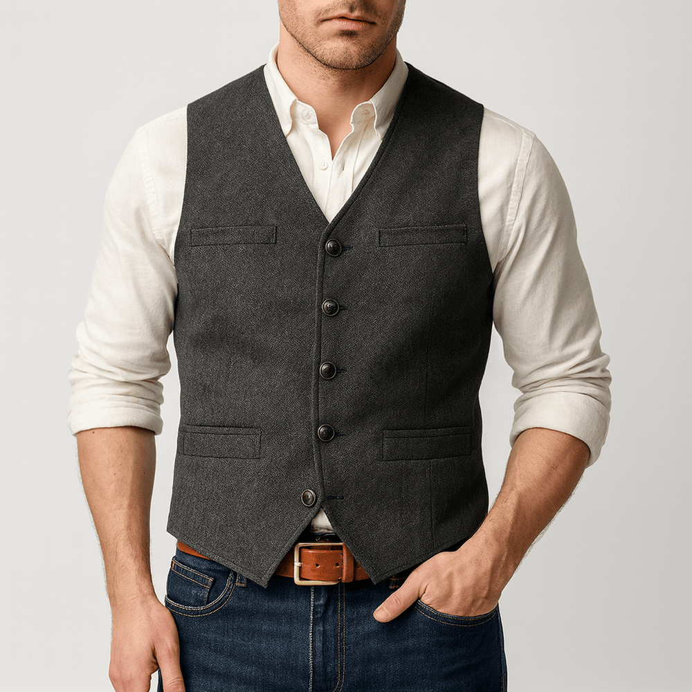 Front view of a men's button-front tweed-style waistcoat