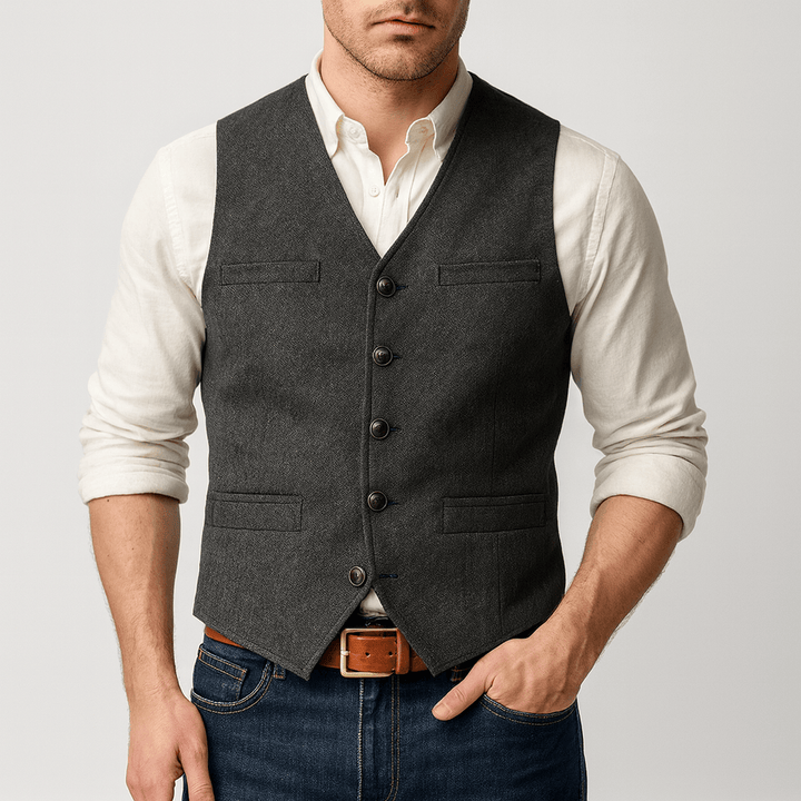 Front view of a men's button-front tweed-style waistcoat