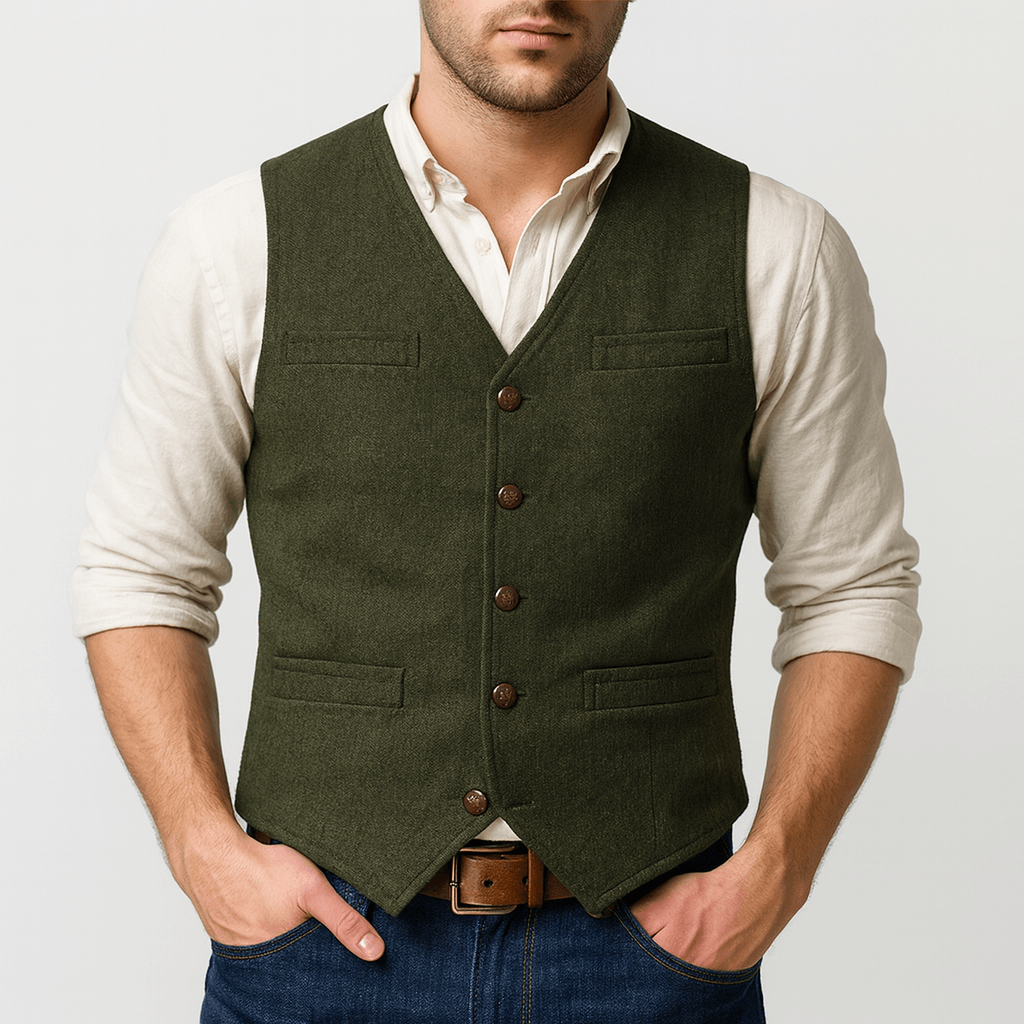 Men's waistcoat showing its smart tweed-style texture