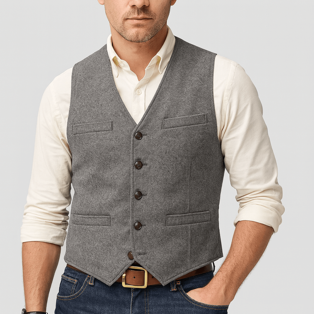 Button detail on a men's tweed-style waistcoat