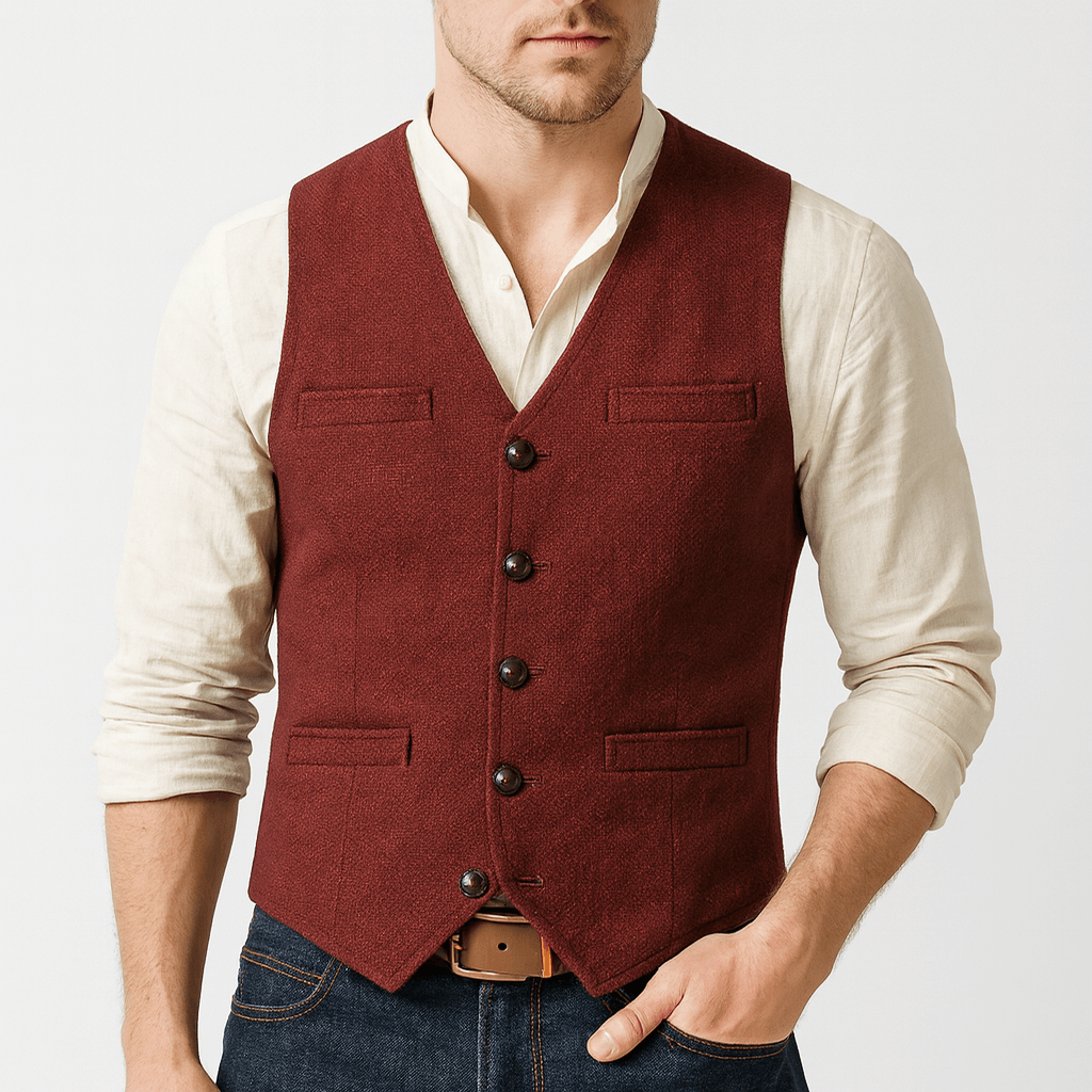 Close-up of the front buttons on a tweed-style waistcoat