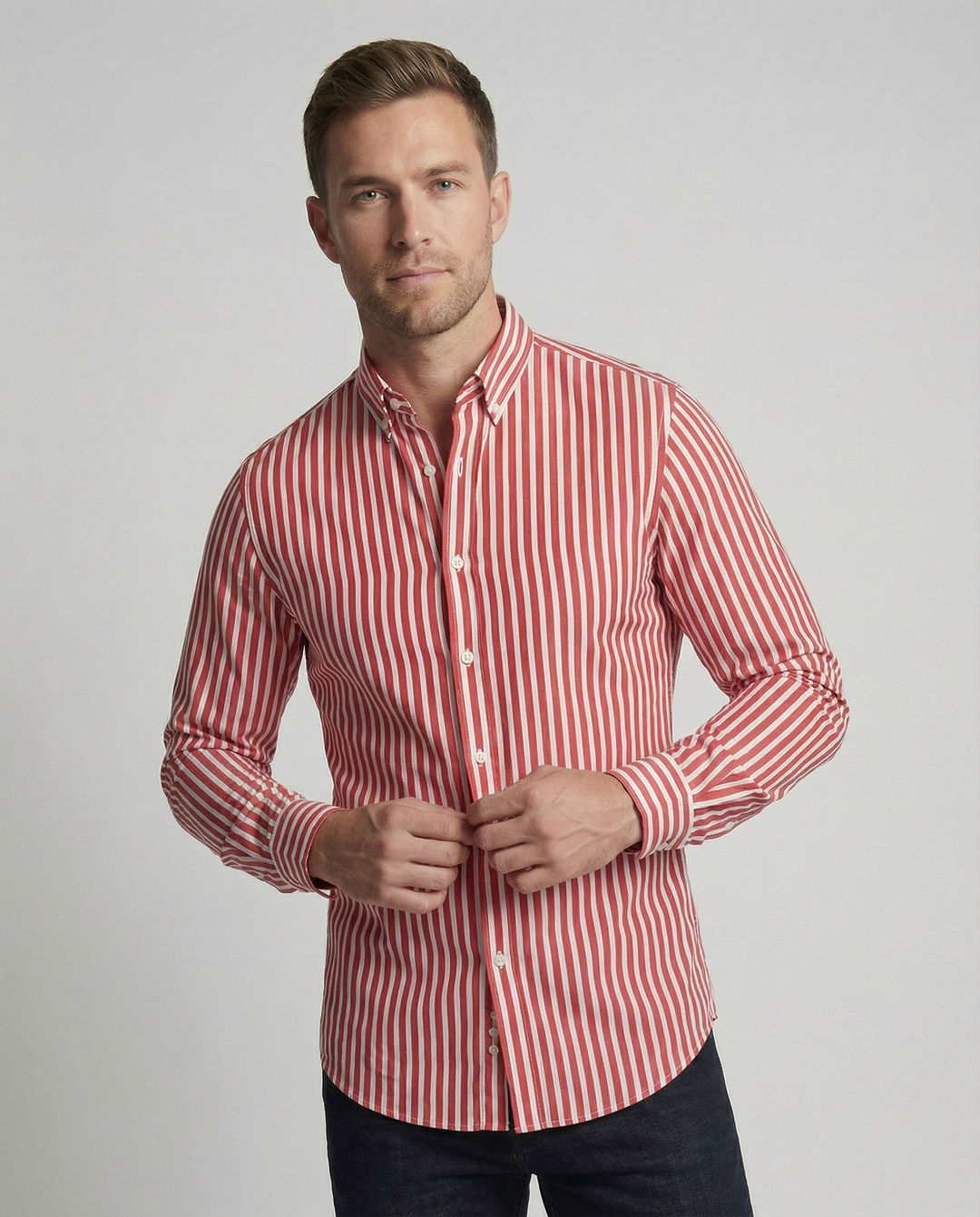 Men's striped cotton blend shirt in a regular fit, front view