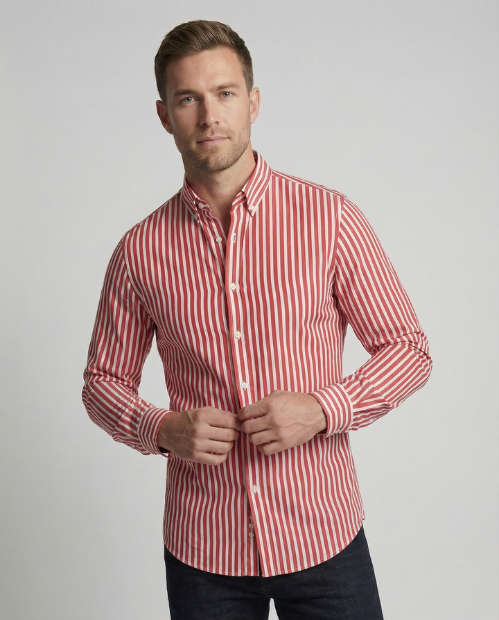 Men's striped cotton blend shirt in a regular fit, front view