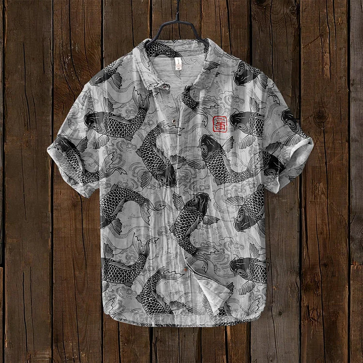 Close-up of the print and buttons on the men's vintage-style shirt