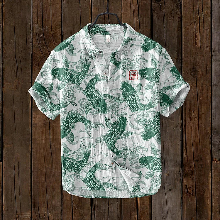 Men's printed button-through shirt shown from the back