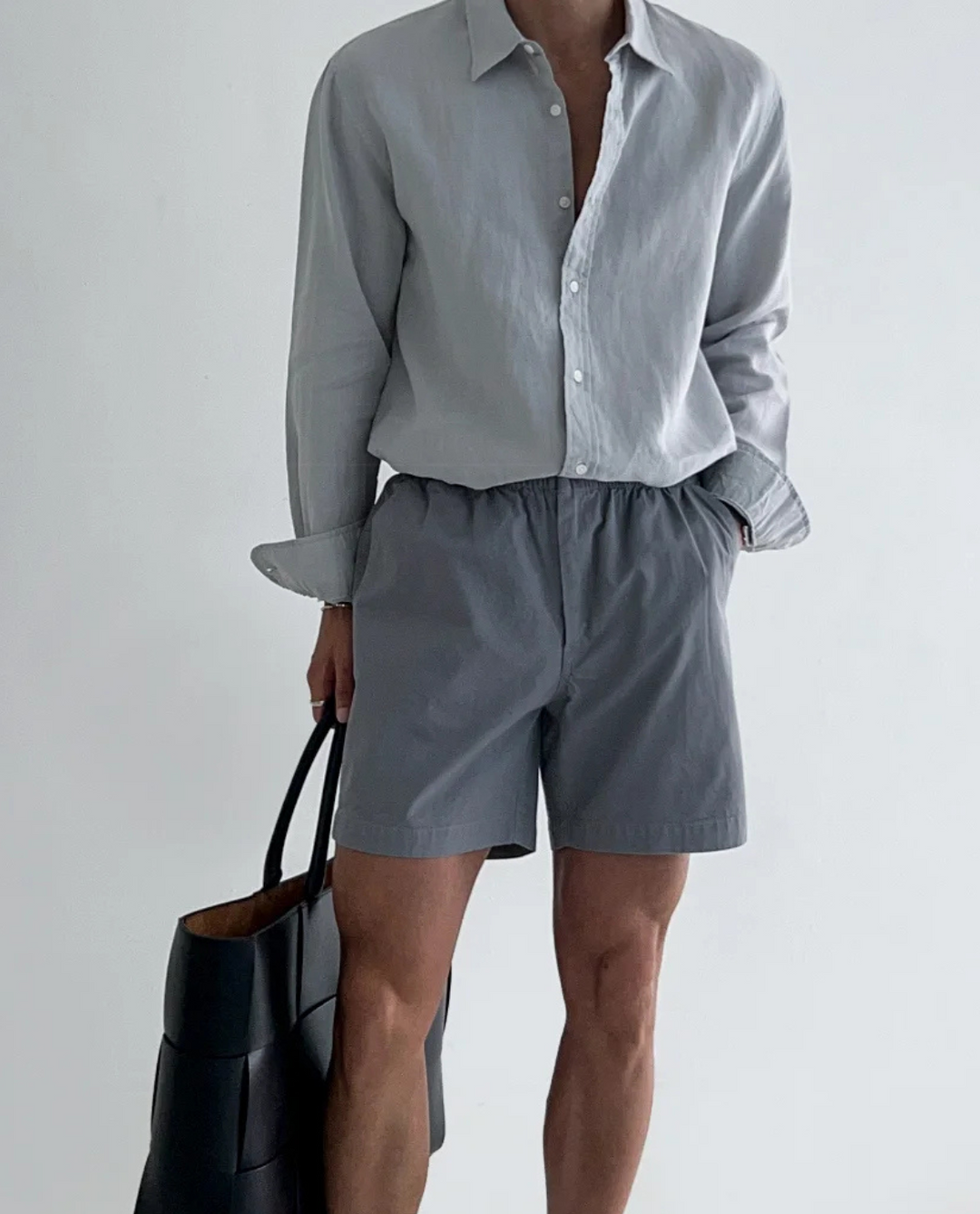 Detailed collar and chest area of men's linen summer shirt