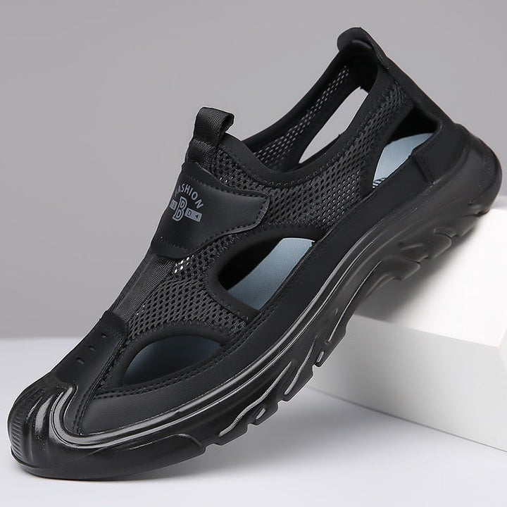 Pair of men's lightweight summer sandals viewed from above