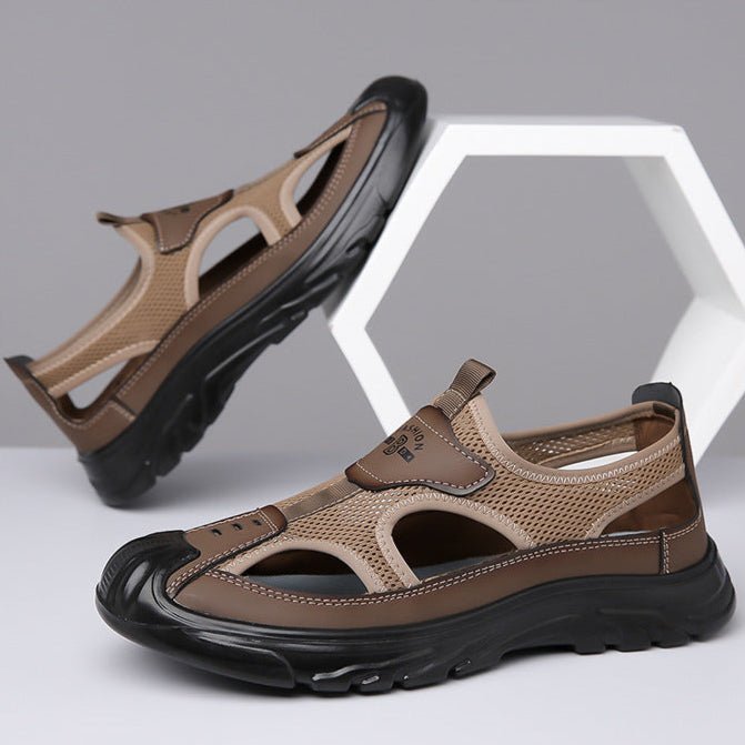 Men's slip on sandals displayed as a pair on a white background
