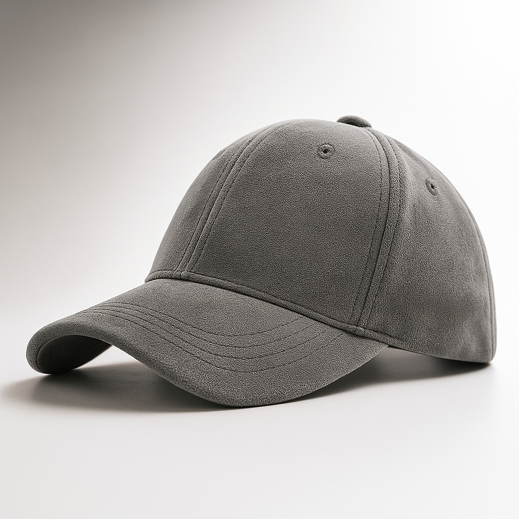 Men's suede cap showing its soft suede texture
