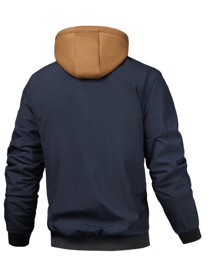 Men's jacket shown with the hood raised