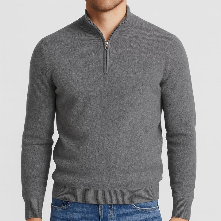 Men's jumper showing the V-neck collar and long sleeves