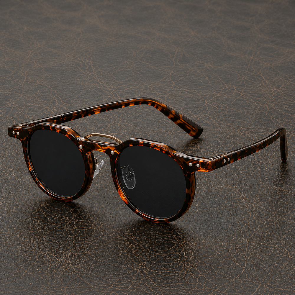 Men's premium round sunglasses with slim temples, angled view