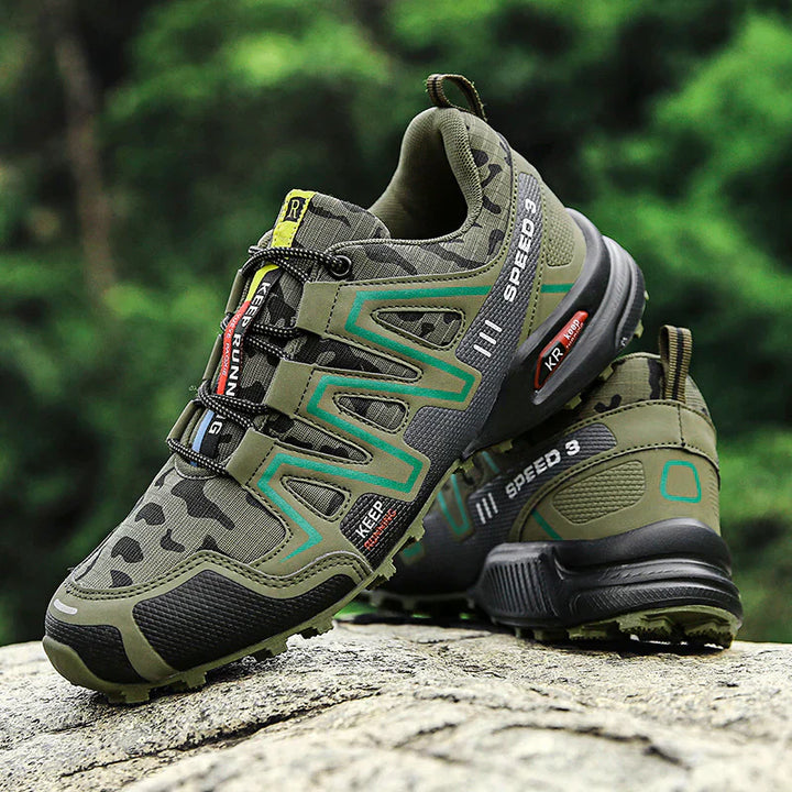 Pair of men's hiking trainers with waterproof finish and grippy outsole