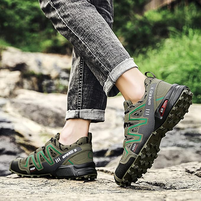 Front view of men's outdoor hiking trainers with supportive lace-up design