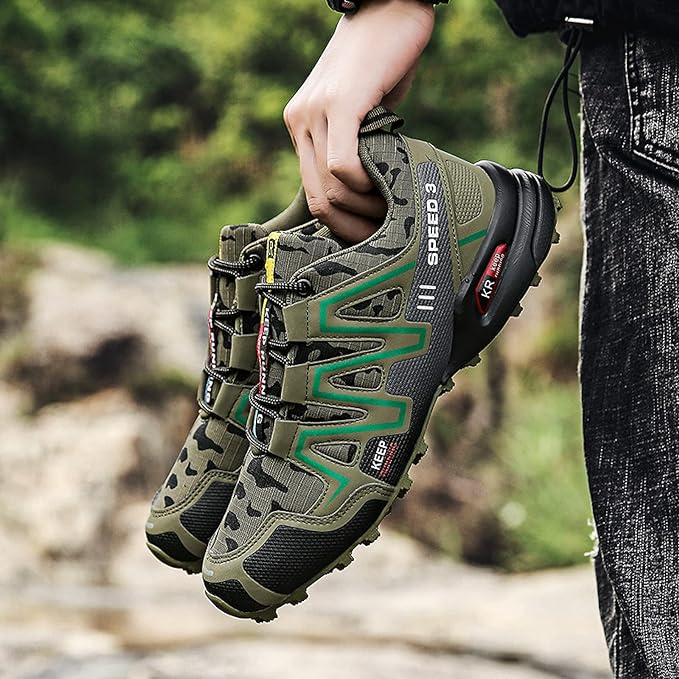 Rear view of men's waterproof hiking trainers with cushioned heel support