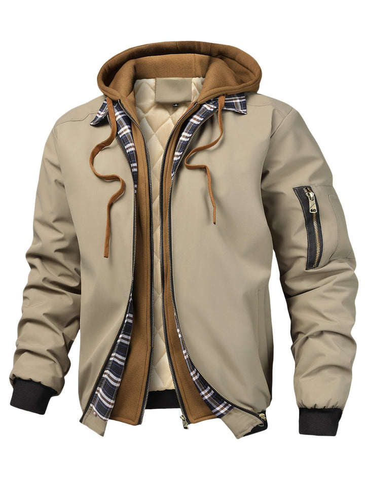 Rear view showing the hood and checked pattern