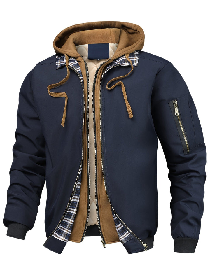 Men's checked hooded jacket displayed from the back