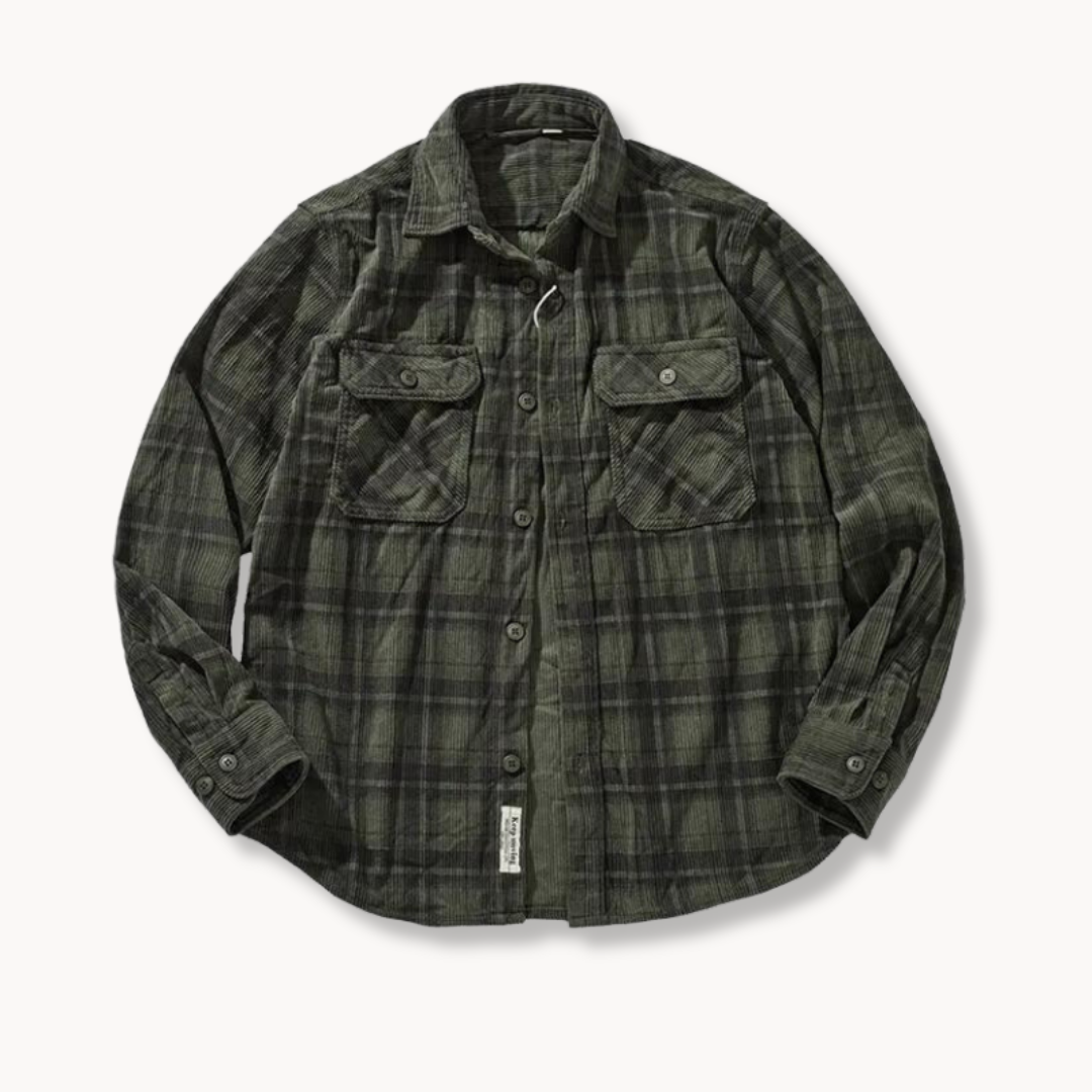 Men's flannel shirt displayed with its button fastening