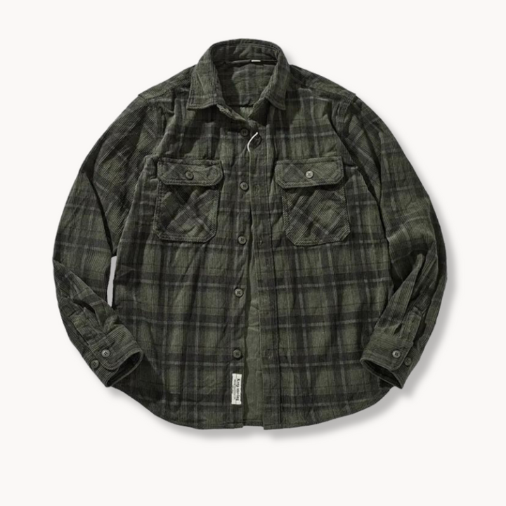 Men's flannel shirt displayed with its button fastening