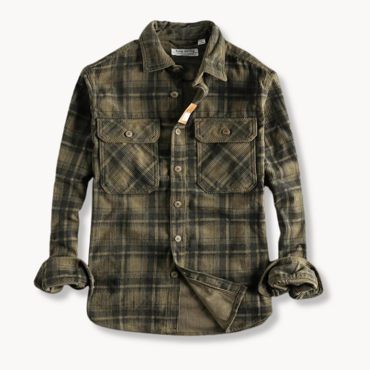 Men's checked flannel shirt shown from the front