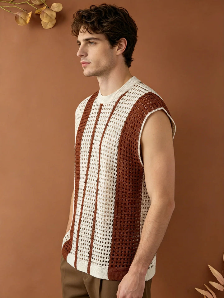 Men's Hollow Out Striped Knit Vest Loose Fit Sleeveless Sweater