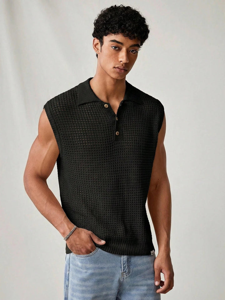 Men's Sleeveless Knit Polo Shirt Pointelle Detail Black